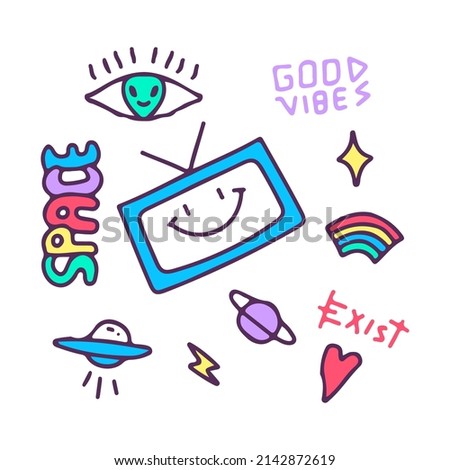Set of space theme cartoon doodle cartoon. alien, spaceship, rainbow, planet, star. illustration for t shirt, poster, logo, sticker, or apparel merchandise.