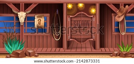 Western saloon door vector background, vintage wild west pub banner, old retro bar wooden entrance. Texas country tavern wall, cow skull, cowboy hat, rope, wanted poster. Western saloon exterior Royalty-Free Stock Photo #2142873331
