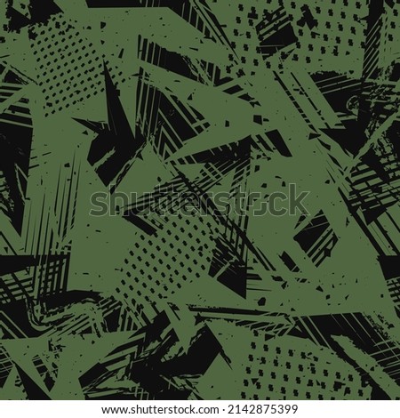 Abstract grunge camouflage seamless pattern. Urban art texture with paint splashes, chaotic shapes, lines, dots, triangles, strokes. Green and black graffiti style vector background. Repeat design