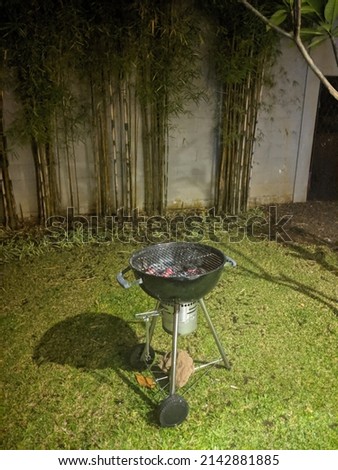In the center of the image we have a barbecue on top of a lawn. Next to it we have plants and a wall. In the picture we have the colors black, gray, green. 