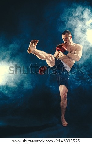 Full size of Muay thai fighter who kicks in the air, shadow boxing isolated on smoke background. The concept of sports, mixed martial arts. Mixed media. Royalty-Free Stock Photo #2142893525