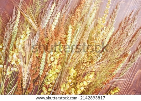 Lovely background with dried grass and spikelets on wooden table. Concept of natural rural lifestyle and organic products.