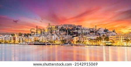 Landscape with Eivissa town at twilight time, Ibiza island, Spain Royalty-Free Stock Photo #2142915069