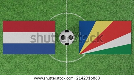 Football Match, Netherlands vs Seychelles, Flags of countries with a soccer ball on the football field
