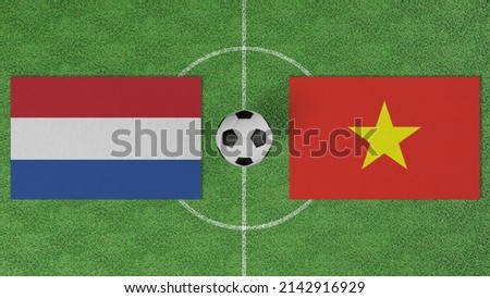 Football Match, Netherlands vs Vietnam, Flags of countries with a soccer ball on the football field