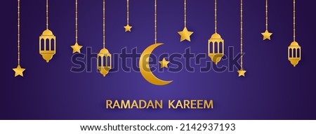 Ramadan Kareem long background. Golden crescent and stars hanging on dark violet banner. Gold luxury papercut design elements. Eid Mubarak celebration card. Muslim holy month. Vector illustration.