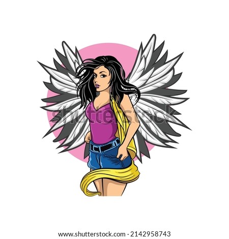 vector illustration of a beautiful woman with angelic wings, logo design cartoon mascot