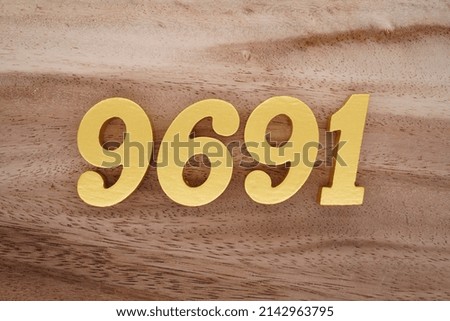 Wooden  numerals 9691 painted in gold on a dark brown and white patterned plank background.
