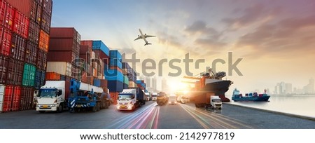 Global business of Container Cargo freight train for Business logistics concept, Air cargo trucking, Rail transportation and maritime shipping, Online goods orders worldwide Royalty-Free Stock Photo #2142977819