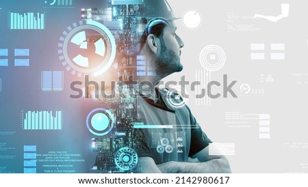 Future building construction and inventive engineering project concept with HUD hologram graphic design. Building engineer, architect people or construction worker works with modern civil technology.