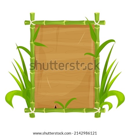 Green bamboo frame with leaves, empty wooden plank, signboard in cartoon style isolated on white background. Asian tribal decoration, exotic element ui game asset. 