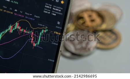 candlestick chart on mobile screen and pile of digital coins, Cryptocurrency forex trading concept. Royalty-Free Stock Photo #2142986695