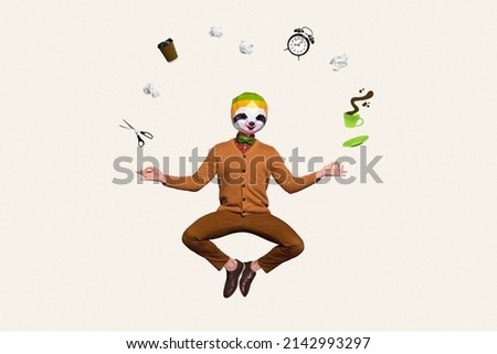Photo picture on trendy background funky sloth mask male businessman efficient do many tasks at one moment well organized person