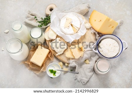 Fresh diary products on light background. Halthy food concept. Top view, flat lay Royalty-Free Stock Photo #2142996829