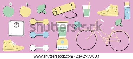 Healthy food, sports accessories, fitness, bicycle. 
A set of simple illustrations on a white background.