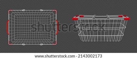 Supermarket basket from metal wire in top and side view. Vector realistic mock up of empty shopping cart with red plastic handles for buy grocery, food and goods in market and shop Royalty-Free Stock Photo #2143002173
