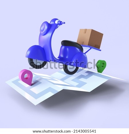 3d render of online delivery service, courier fast response delivery, package shipping on mobile with purple scooter, earn gifts from online shopping, Isolated on purple background