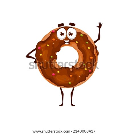 Chocolate donut dessert cartoon funny character. Sweet dessert cute vector mascot or isolated personage, donut fresh pastry cute character with chocolate icing and candy sprinkles