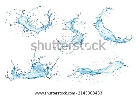 Transparent blue water splashes and wave with drops. Vector liquid splashing fluids with droplets, isolated realistic 3d elements, transparent fresh drink, clear aqua falling or pour with air bubbles Royalty-Free Stock Photo #2143008433