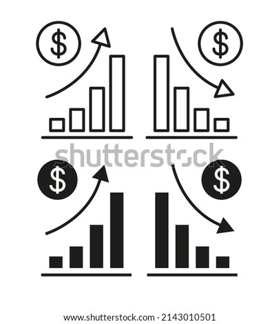 Finance increase and decrease chart outline and solid icon vector design illustration. Stock market symbol.