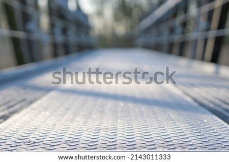 Metal footbridge in the park covered with frost, frosty morning. photo taken close up, background blurred.