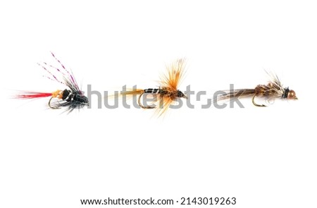 Macro shot colorful fishing fly isolated on a white background. Hand made fly fishing flies. Fluffy fly fishing hook isolated. Royalty-Free Stock Photo #2143019263
