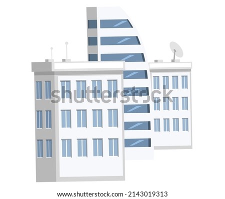 Urban city view in flat style. Modern city, buildings, architecture of big town. Municipal landscape with group of tall constructions. High-rise buildings, downtown skyscrapers with blue glass facades