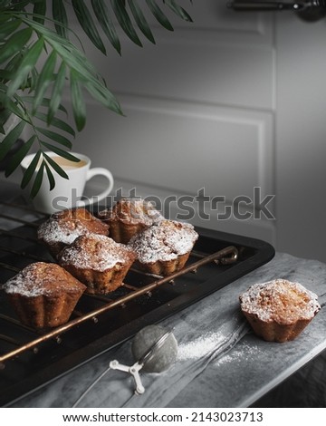 homemade powdered sugar muffins in modern room interior