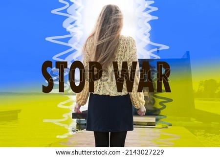 Artistic portrait of a woman, the flag of Ukraine and the words stop the war

