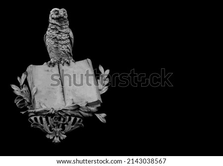 Cute owl with book as symbol of knowledge,
 teaching and development. An ancient statue isolated on black background. Black and white image. Copy space.