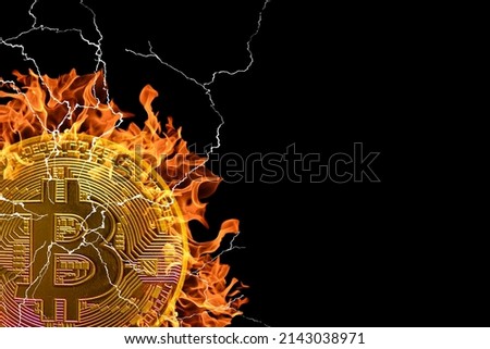 golden burning single bitcoin from crypto currency with many lightnings and fire on black background left view