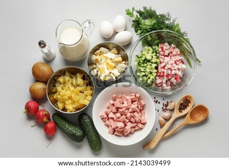 Ingredients for preparing tasty okroshka on grey background Royalty-Free Stock Photo #2143039499