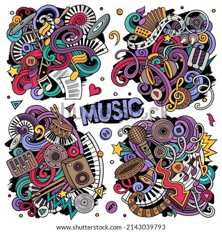 Music cartoon vector doodle designs set. Colorful detailed compositions with lot of musical objects and symbols. All items are separate