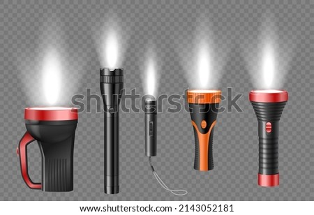 Set of flashlights or torches portable pocket electric devices with light realistic isolated on transparent background. Spotlights with large reflector and LED lamps. Vector illustration
