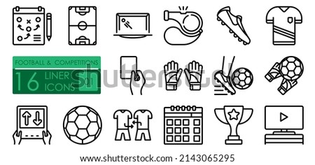 Football and sports competitions. Boots, uniform, soccer ball. Prize for winning the competition. Set of simple linear icons