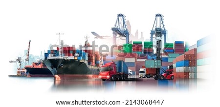 Global business logistics import export of containers cargo freight ship loading at port by crane, container handlers, cargo plane, truck on city background with copy space, transport industry concept Royalty-Free Stock Photo #2143068447