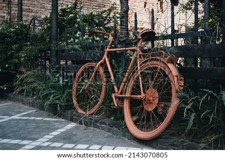 Decorative orange bicycle near a plant wall in the street city of Brasov in Romania