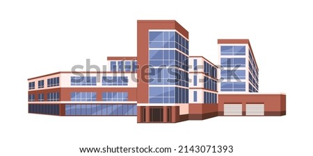 Public building exterior. Urban municipal construction for city administration, authority. Office structure with windows, entrance outdoors. Flat vector illustration isolated on white background Royalty-Free Stock Photo #2143071393