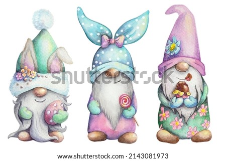 Easter gnomes on a white background. Gnomes, eggs, rabbit, chicken. Watercolor clipart, on an isolated background, in a cartoon style. Greeting illustration for the Easter holiday.