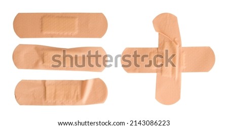 Set of Used Medical Sticking plasters isolated on white background Royalty-Free Stock Photo #2143086223