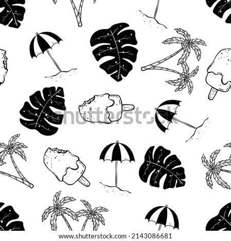 Travel Fun Seamless Pattern with Summer Icons in Vector featuring umbrella, monstera, ice cream and coconut tree illustration