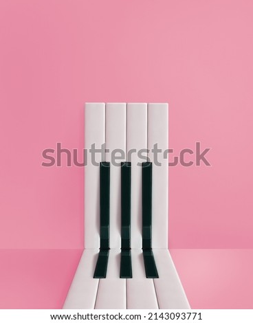 Minimal aesthetic composition of melodie. Piano keys arranged in abstract, rectangular shape on isolated pastel pink background. Music concert creative card. Entrance ideas. Piano keyboard concept. Royalty-Free Stock Photo #2143093771