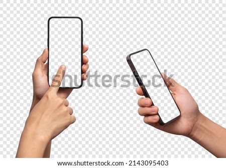 Hand holding the black smartphone phone with blank screen and modern frameless design, hold Mobile phone on transparent background Ideal for marketing, app design, UI and UX - include clipping path. Royalty-Free Stock Photo #2143095403