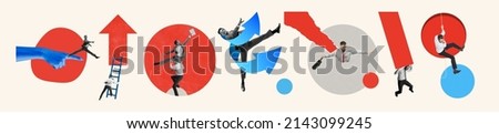 Business process. Contemporary art collage made of shots of young men and women, managers working hardly isolated over white background, Concept of art, finance, career, co-workers, team. Flyer Royalty-Free Stock Photo #2143099245