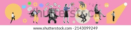Business process. Contemporary art collage made of shots of young men and women, managers working hardly isolated over pink background, Concept of art, finance, career, co-workers, team. Flyer Royalty-Free Stock Photo #2143099249