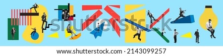 Daily working routine. Creative contemporary collage made of shots of young men, managers working hardly isolated over blue background. Concept of business lifestyle, finance, career, vintage gadgets Royalty-Free Stock Photo #2143099257