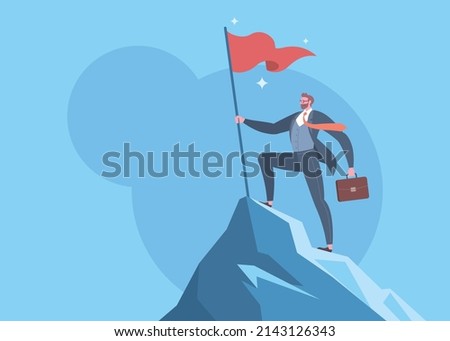 Execution success, Business goals, achieve target, successful career or victory concept. Businessman is standing on the top of mountain peak and holding flag as a conqueror in blue background. Royalty-Free Stock Photo #2143126343