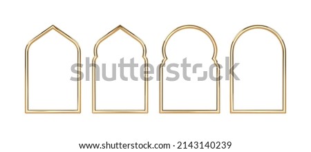 Set arabic golden arch isolated. 3D render islam architecture shape for muslim holidays. Design elements door, frame,window. Realistic vector illustration. Royalty-Free Stock Photo #2143140239