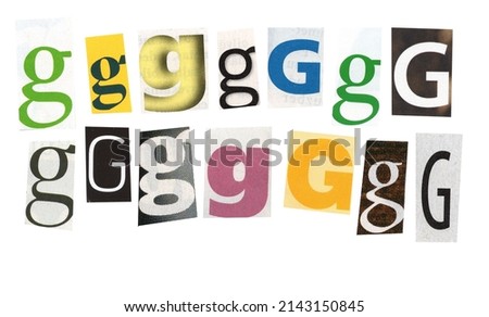 letter g magazine cut out font, ransom letter, isolated collage elements for text alphabet. hand made and cut, high quality scan. halftone pattern and texture detail. newspaper and scraps Royalty-Free Stock Photo #2143150845