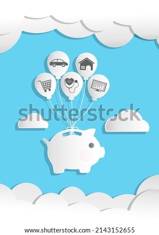 Vector illustration. Piggy bank and balloons floating in the sky, paper cut design. Save money for future expenses or for emergencies and financial management strategy concept.